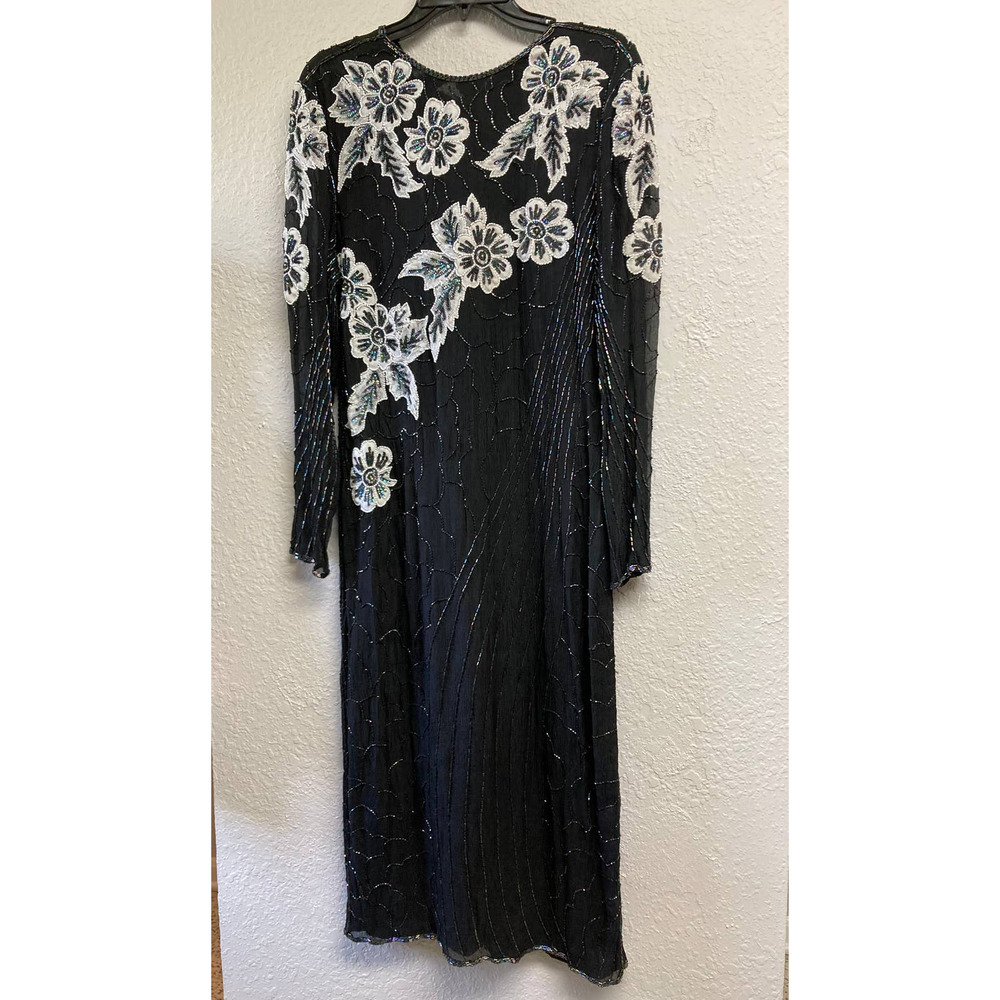 Vtg Jasdee Black Beaded Floor Length Dress 100% Silk Size L